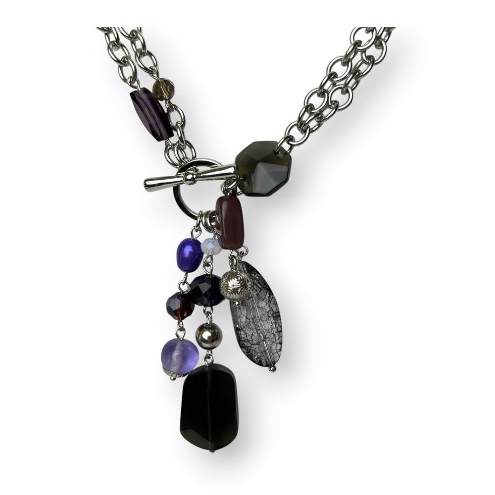 Silver Tone Necklace Dangle Pendant Cluster Purple Beads Front Toggle Chain Boho